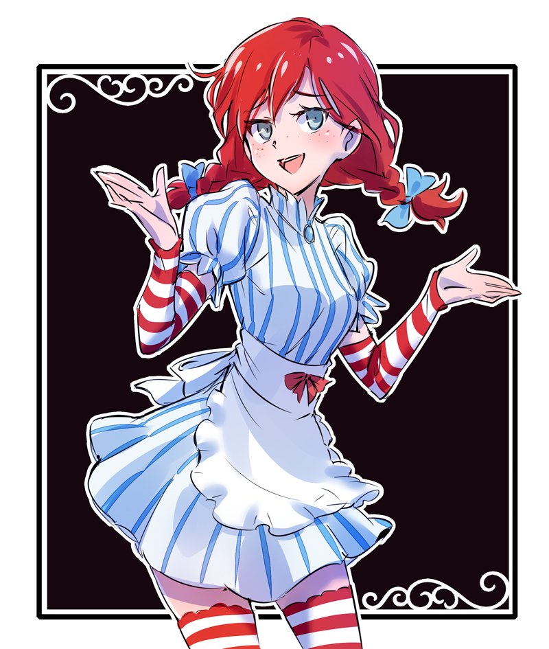 apron black_background blue_eyes commentary detached_sleeves dress freckles gloves hair_ribbon iesupa pun red_hair ribbon short_twintails shrug smile smug solo striped striped_dress striped_gloves thighhighs twintails wendy's wendy_(wendy's)