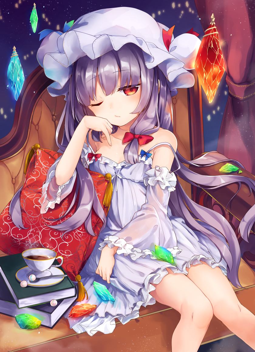book chemise chin_rest couch crescent crescent_hair_ornament cup detached_sleeves dress hair_ornament hat indoors kedama_milk long_hair nightgown one_eye_closed patchouli_knowledge purple_hair red_eyes sitting solo spoon strap_slip striped striped_dress teacup touhou