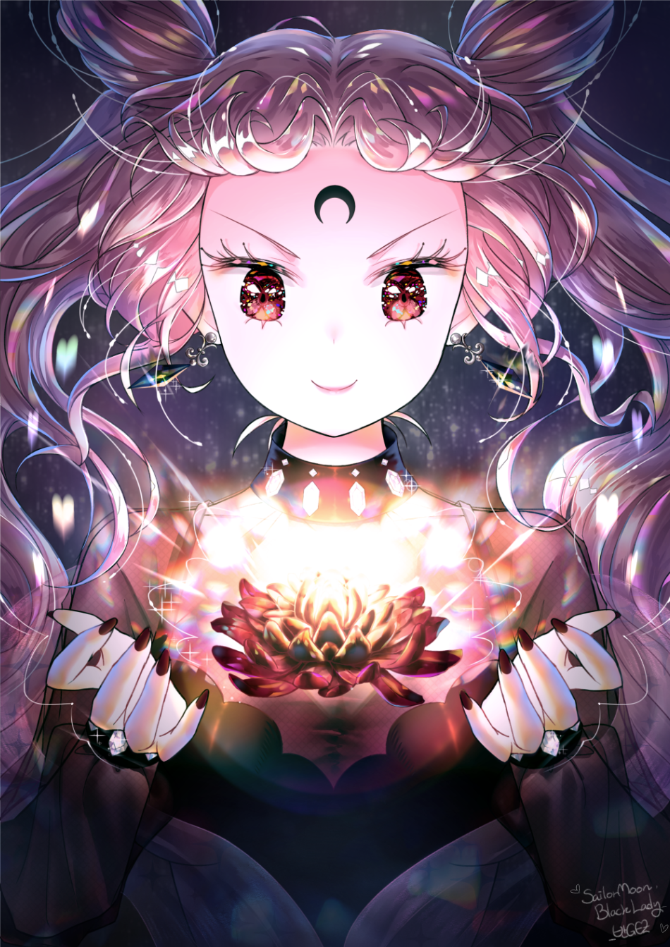 &gt;:) artist_name bishoujo_senshi_sailor_moon black_lady character_name chibi_usa closed_mouth copyright_name crescent crystal crystal_earrings double_bun earrings evil_smile facial_mark floating floating_hair floating_object forehead_mark gee9214 glowing hands highres jewelry long_hair maboroshi_no_ginzuishou nail_polish pink_hair red_nails signature smile solo twintails upper_body v-shaped_eyebrows