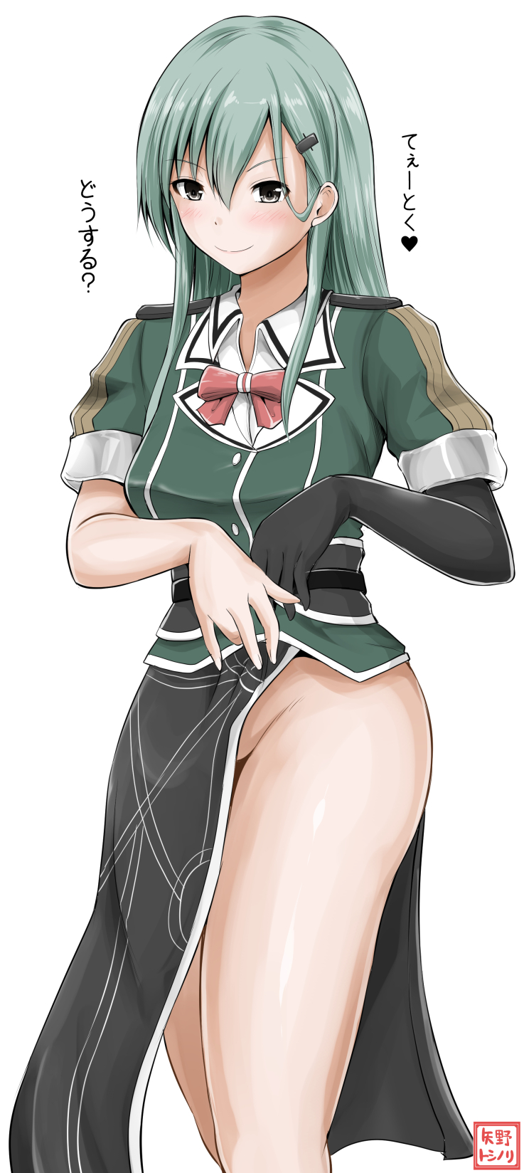 adjusting_clothes aqua_eyes aqua_hair artist_name belt black_belt black_gloves blush bow breasts chikuma_(kantai_collection) chikuma_(kantai_collection)_(cosplay) commentary_request cosplay elbow_gloves epaulettes gloves green_jacket hair_between_eyes hair_ornament hairclip heart highres jacket kantai_collection long_hair looking_at_viewer medium_breasts no_panties remodel_(kantai_collection) shirt short_sleeves sidelocks simple_background single_glove smile solo spoken_heart standing suzuya_(kantai_collection) thighs translated white_background yano_toshinori