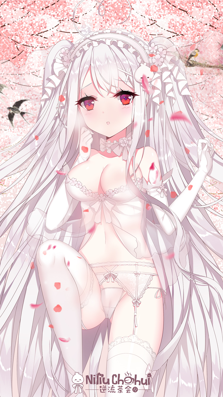 :o animal artist_name bangs bare_shoulders bird breasts cherry_blossoms chinese_commentary choker cleavage collarbone commentary_request dress elbow_gloves eyebrows_visible_through_hair flower frilled_choker frills garter_belt gloves grey_hair hair_flower hair_ornament hairband hands_up highres lace lace-trimmed_garter_belt lace-trimmed_thighhighs leg_up lolita_hairband long_hair looking_at_viewer lowleg lowleg_panties medium_breasts motion_blur navel niliu_chahui original pale_skin panties red_eyes ribbon see-through shiny shiny_hair shiny_skin side-tie_panties solo strapless strapless_dress string_panties swallow thighhighs tokisaki_mio tree two_side_up underwear very_long_hair wedding_dress white white_choker white_dress white_garter_belt white_gloves white_hair white_legwear white_panties white_ribbon x_hair_ornament