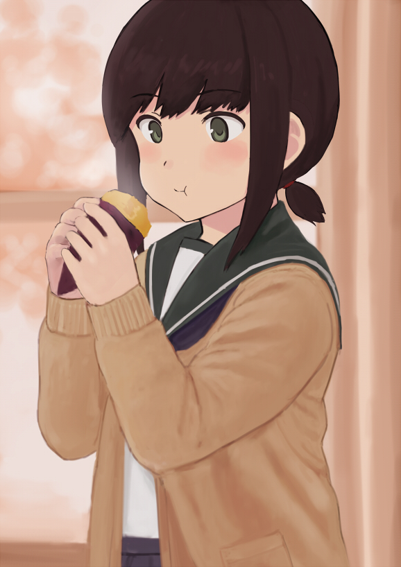 :t bangs black_hair blurry blurry_background blush brown_hair cardigan closed_mouth commentary_request curtains eating eyebrows_visible_through_hair food fubuki_(kantai_collection) fuyube_gin_(huyube) green_eyes hair_tie holding holding_food kantai_collection long_sleeves low_ponytail official_style open_cardigan open_clothes pocket ponytail revision school_uniform serafuku shibafu_(glock23)_(style) short_hair short_ponytail sidelocks solo standing sweet_potato tareme upper_body wrapper yakiimo