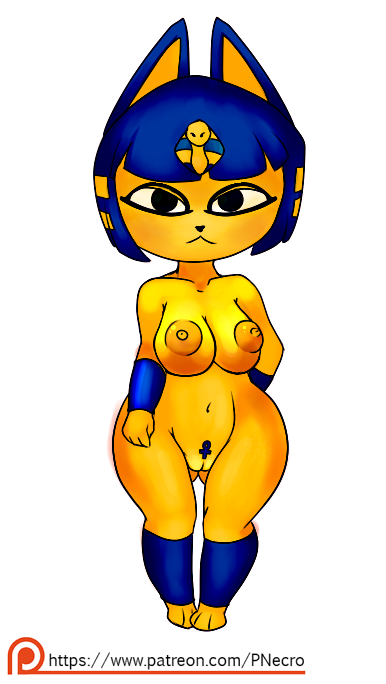 animal_crossing ankha anthro areola big_breasts blue_hair breasts cat clitoris clothing feline female fur hair huge_breasts legwear looking_at_viewer mammal necro_(artist) nintendo nipples nude pussy short_stack solo video_games villager_(animal_crossing) yellow_fur
