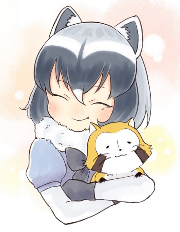 :3 animal animal_ears araiguma_rascal black_hair blush closed_eyes closed_mouth commentary_request common_raccoon_(kemono_friends) crossover fang fang_out hug hug_from_behind kemono_friends multicolored_hair puffy_short_sleeves puffy_sleeves raccoon raccoon_ears rascal_(araiguma_rascal) sarada_doraivu short_sleeves silver_hair smile trait_connection upper_body white_hair