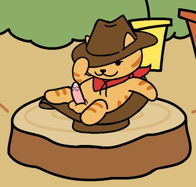 :3 animal_genitalia animal_penis balls brown_fur cat clothed clothing cowboy_hat erection feline feline_penis feral fur hat kid-san krixatacavern male mammal multicolored_fur neko_atsume outside penis precum reclining scarf solo tan_fur two_tone_fur wood