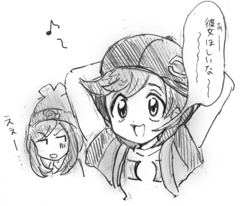 1girl :3 :d arms_behind_head bag bangs bare_arms baseball_cap beanie bob_cut eighth_note eyebrows_visible_through_hair greyscale hair_between_eyes handbag hat horizontal_stripes jitome looking_away looking_to_the_side lowres monochrome moon_(pokemon) musical_note open_mouth poke_ball_theme pokemon pokemon_special shirt short_hair short_sleeves sideways_hat simple_background smile speech_bubble strap striped striped_shirt sun_(pokemon) swept_bangs t-shirt tareme tongue translation_request turn_pale upper_body white_background yatsuhashi_otogi