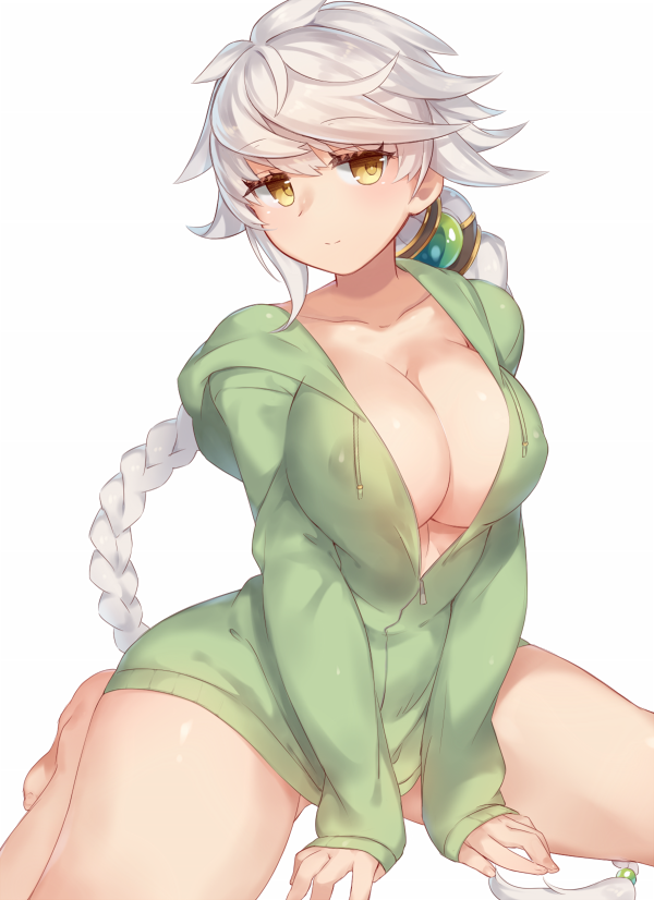 bangs blush braid breasts cleavage closed_mouth collarbone covered_nipples eyebrows_visible_through_hair grey_hair hood hoodie kantai_collection large_breasts light_smile long_hair looking_at_viewer naked_hoodie simple_background single_braid smile solo spread_legs thighs unryuu_(kantai_collection) white_background yamaarashi yellow_eyes