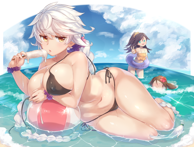 alternate_costume amagi_(kantai_collection) ball bikini black_bikini black_hair blue_eyes blush braid breasts brown_eyes brown_hair closed_eyes cloud covering covering_breasts day food holding jitome kantai_collection katsuragi_(kantai_collection) large_breasts long_hair multiple_girls navel ocean outdoors partially_submerged popsicle scrunchie sexually_suggestive silver_hair single_braid sky smile sparkle swimming swimsuit unryuu_(kantai_collection) untied untied_bikini very_long_hair wading water wavy_hair wrist_scrunchie yamaarashi