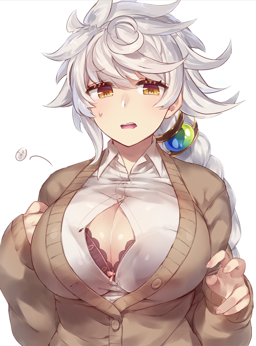 alternate_costume asymmetrical_hair black_bra blouse bra bra_peek braid breasts bursting_breasts button_gap buttons cardigan commentary_request flying_button hair_between_eyes hair_ornament huge_breasts jitome kantai_collection long_hair looking_at_viewer open_mouth orb popped_button see-through shiny shiny_skin silver_hair single_braid solo undersized_clothes underwear unryuu_(kantai_collection) very_long_hair wardrobe_malfunction wavy_mouth white_blouse yamaarashi yellow_eyes