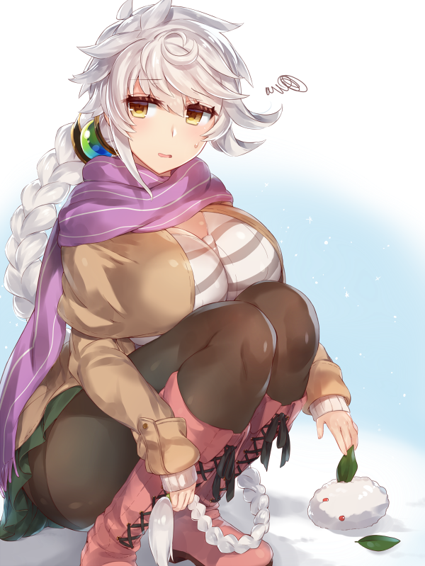 bangs black_legwear blush braid breasts capelet eyebrows_visible_through_hair fringe_trim green_scarf grey_hair kantai_collection large_breasts legs_together light_smile long_hair looking_at_viewer nervous_smile outdoors pantyhose parted_lips purple_scarf scarf shirt single_braid sleeves_past_wrists snow snow_bunny solo squatting squiggle striped striped_shirt sweatdrop sweater swept_bangs thighband_pantyhose unryuu_(kantai_collection) very_long_hair yamaarashi yellow_eyes