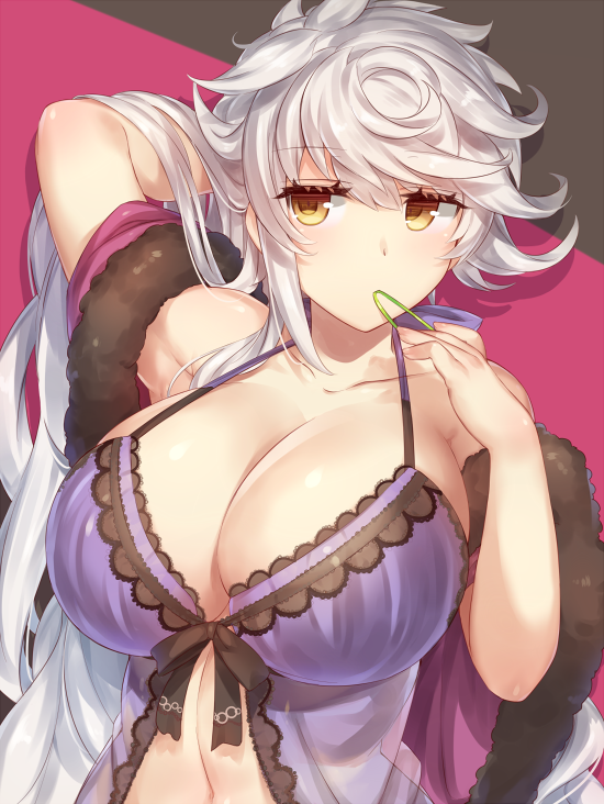 adjusting_hair arm_behind_head arm_up armpits asymmetrical_hair babydoll bare_shoulders black_background breasts camisole cleavage collarbone front-tie_top hair_between_eyes hair_down jitome kantai_collection large_breasts lingerie long_hair looking_at_viewer mouth_hold multicolored multicolored_background navel pink_background see-through silver_hair solo underwear unryuu_(kantai_collection) upper_body very_long_hair wavy_hair yamaarashi yellow_eyes