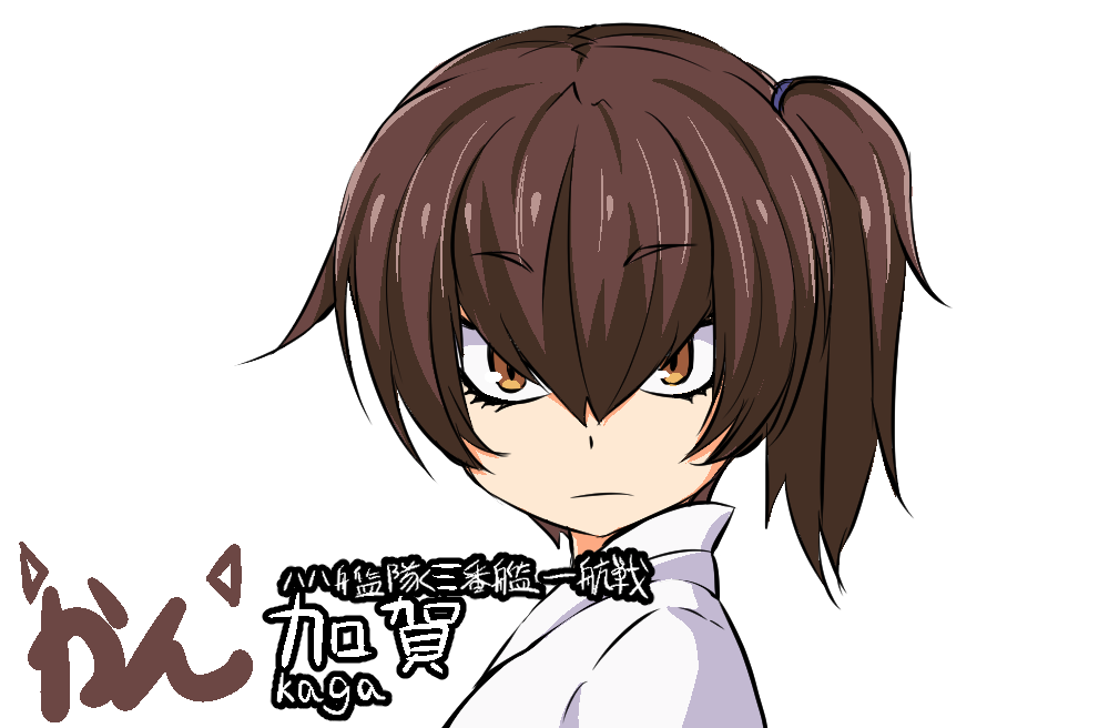 brown_eyes brown_hair commentary_request cosplay eyebrows_visible_through_hair hair_flaps kaga_(kantai_collection) kantai_collection kemono_friends kirino_kyousuke looking_at_viewer shoebill_(kemono_friends) shoebill_(kemono_friends)_(cosplay) short_hair side_ponytail solo translation_request