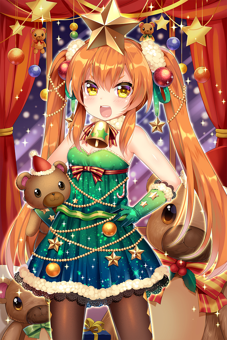 :d bare_shoulders bell blonde_hair breasts brown_legwear character_request christmas_ornaments christmas_tree_costume curtains dress fur_trim gloves gold_trim gradient_dress green_dress green_gloves hair_ornament hair_ribbon hand_on_hip hat lace lace-trimmed_dress long_hair looking_at_viewer mini_hat mvv open_mouth orange_hair pantyhose ribbon santa_hat small_breasts smile solo star star_hair_ornament strapless strapless_dress stuffed_animal stuffed_toy teddy_bear twintails v-shaped_eyebrows very_long_hair