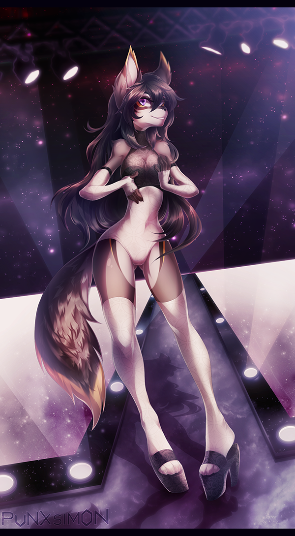 5_fingers anthro black_bars black_hair black_nose breasts canine clothed clothing detailed_background eyelashes female hair mammal pink_eyes punxsimon smile solo standing wide_hips wolf