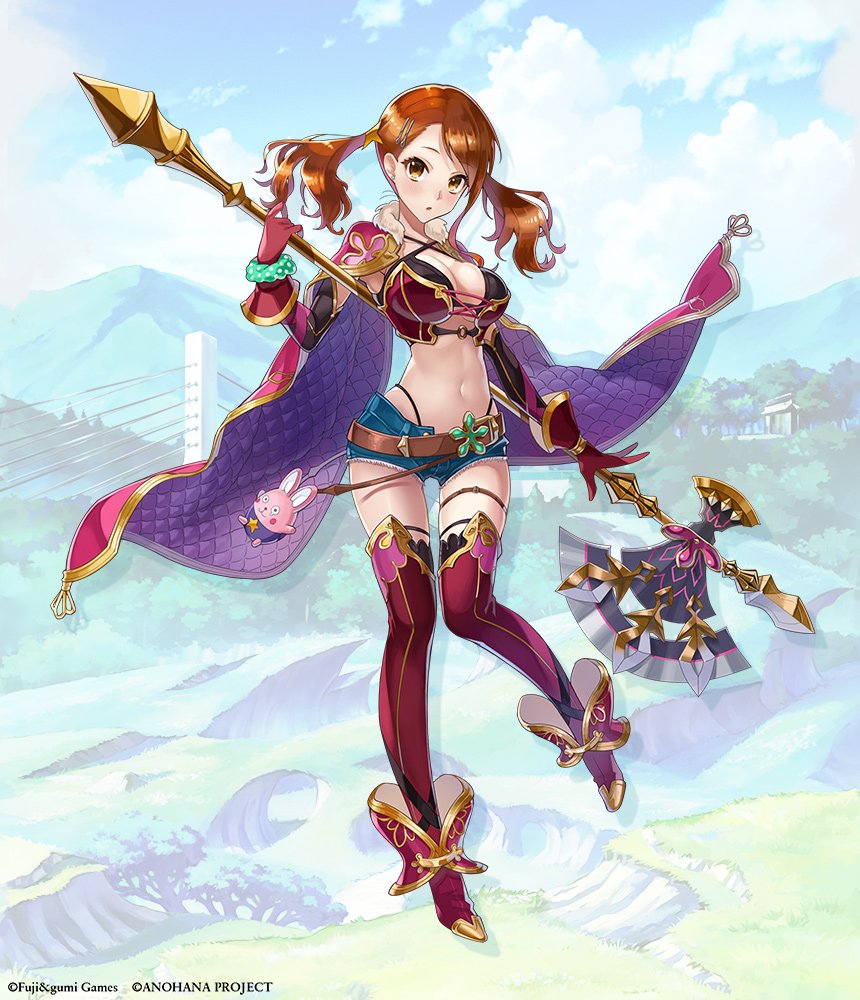 anjou_naruko ano_hi_mita_hana_no_namae_wo_bokutachi_wa_mada_shiranai. armor armored_boots artist_request axe belt boots breasts brown_hair cape cleavage crossover cutoff_jeans cutoffs elbow_gloves gloves hair_ornament hairclip landscape large_breasts legband long_legs midriff navel o-ring o-ring_top phantom_of_the_kill scenery scrunchie short_twintails solo star star_hair_ornament stuffed_animal stuffed_toy thighhighs twintails weapon yellow_eyes