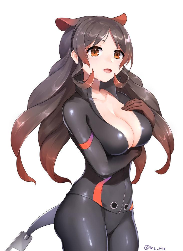 :d animal_ears black_pants black_shirt blush breast_suppress breasts brown_hair cleavage collarbone extra_ears eyebrows_visible_through_hair from_side gradient_hair head_tilt hippopotamus_(kemono_friends) hippopotamus_ears kemono_friends kz_ripo large_breasts long_hair looking_away multicolored_hair open_clothes open_mouth open_shirt pants shirt simple_background smile solo twitter_username wet wet_hair white_background