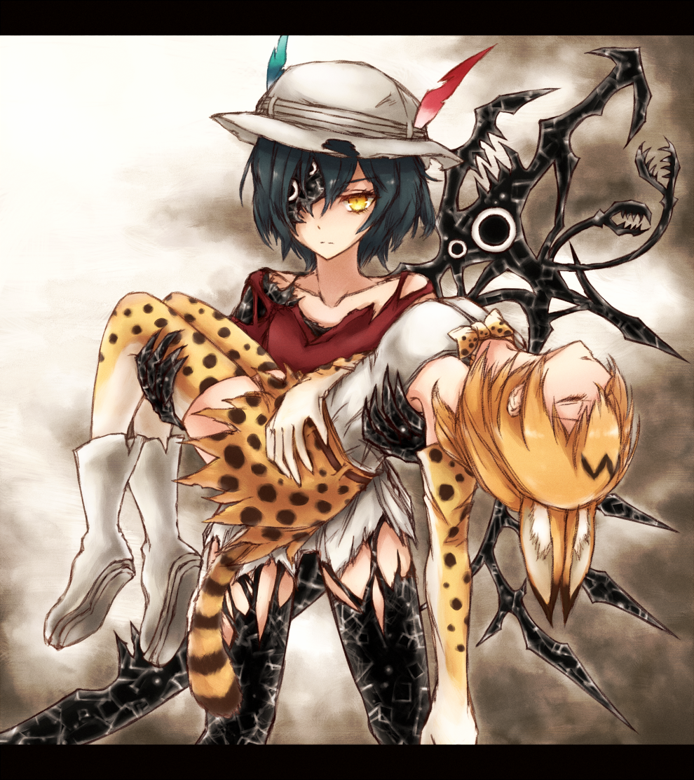 animal_ears belt blonde_hair boots carrying cerulean_(kemono_friends) closed_eyes closed_mouth collarbone commentary_request corruption elbow_gloves expressionless gloves hat hat_feather helmet high-waist_skirt kaban_(kemono_friends) kemono_friends kyuumoto_kuku multiple_girls nier_(series) nier_automata parted_lips pillarboxed pith_helmet princess_carry red_shirt serval_(kemono_friends) serval_ears serval_print serval_tail shirt short_hair short_sleeves skirt sleeveless sleeveless_shirt standing tail thighhighs white_footwear white_shirt yellow_eyes