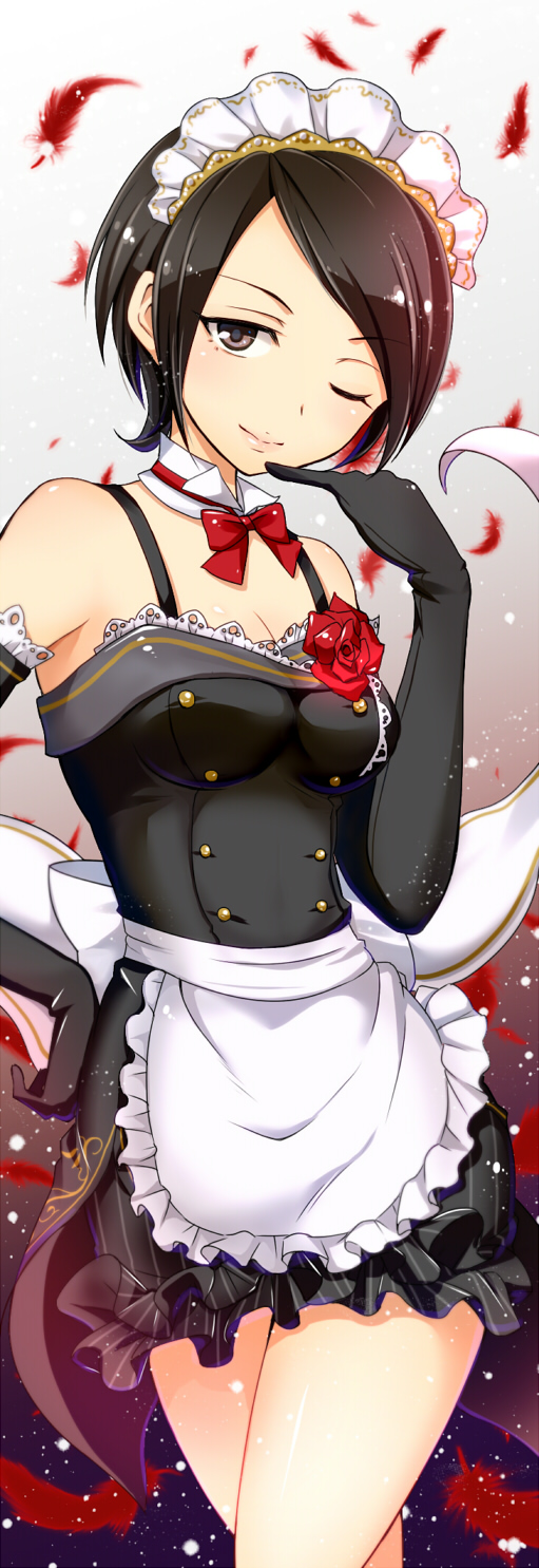 ;) apron asahi_yanagi bare_shoulders black_gloves black_hair brown_eyes detached_collar elbow_gloves feathers finger_to_mouth flower frills gloves hand_on_hip highres idolmaster idolmaster_cinderella_girls maid maid_headdress one_eye_closed red_flower red_rose rose short_hair smile solo tougou_ai waist_apron