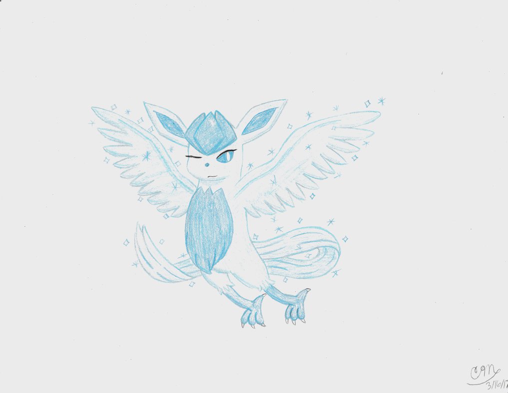2017 ambiguous_gender articuno avian bird blue_eyes blue_feathers blue_fur duck_hunt_dog_(artist) eeveelution feathered_wings feathers fur glaceon hybrid legendary_pok&eacute;mon looking_at_viewer mammal nintendo pok&eacute;mon simple_background smile solo traditional_media_(artwork) video_games white_background wings