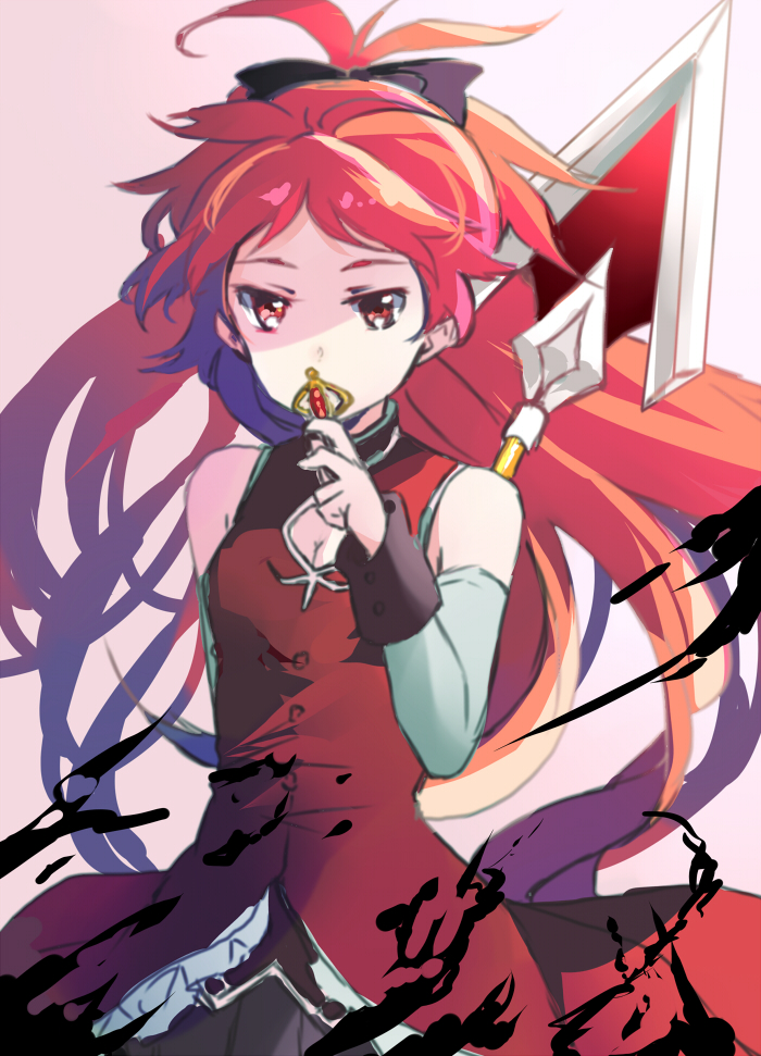 breasts christy cleavage eyelashes hair_ornament hair_ribbon kiss long_hair looking_at_viewer magical_girl mahou_shoujo_madoka_magica medium_breasts object_kiss polearm ponytail red_eyes red_hair ribbon sakura_kyouko simple_background sleeveless solo soul_gem spear very_long_hair weapon