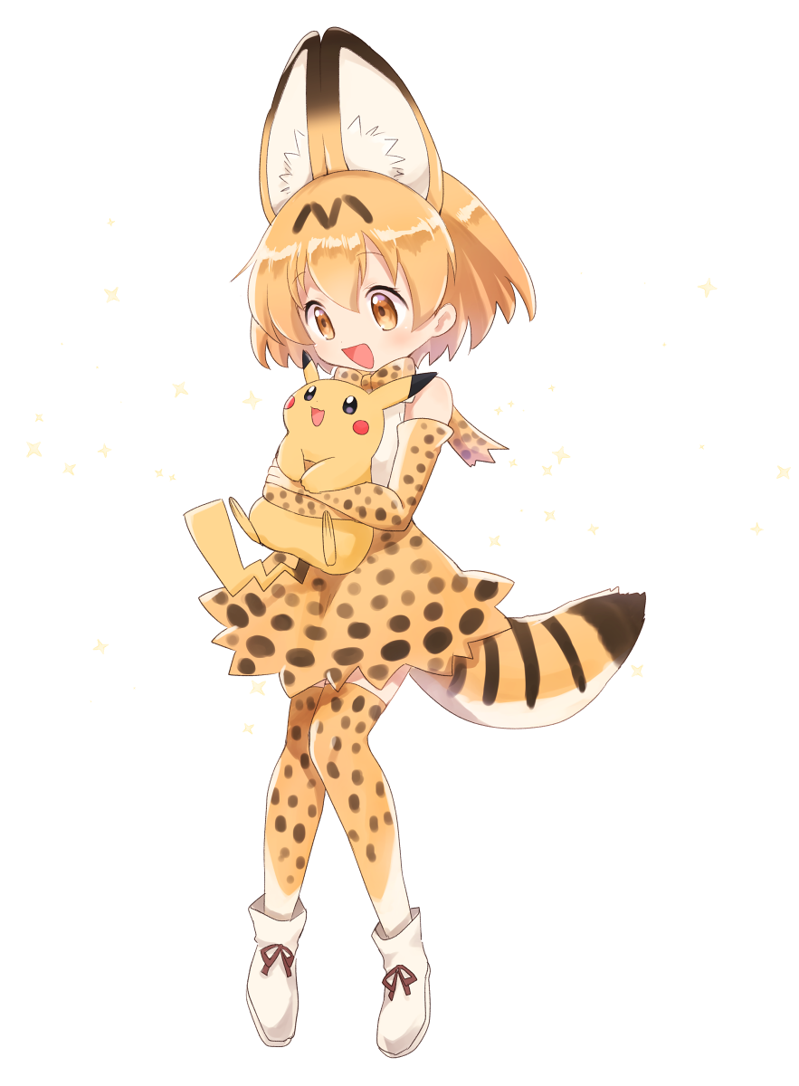 :3 :d animal_ears animal_print ankle_boots bare_shoulders black_ribbon blush blush_stickers boots bow bowtie crossover dot_nose elbow_gloves extra_ears eye_contact eyebrows_visible_through_hair eyelashes full_body gen_1_pokemon gloves hair_between_eyes high-waist_skirt highres holding hug hug_from_behind kemono_friends light_brown_eyes looking_at_another looking_down looking_up open_mouth orange_hair pikachu pokemon pokemon_(creature) print_bow print_gloves print_legwear print_neckwear print_skirt ribbon serval_(kemono_friends) serval_ears serval_print serval_tail shiny shiny_hair shirt shoe_ribbon short_hair simple_background skirt sleeveless sleeveless_shirt smile sparkle striped_tail tail tareme thighhighs white_background white_footwear white_shirt yukimi_park zettai_ryouiki