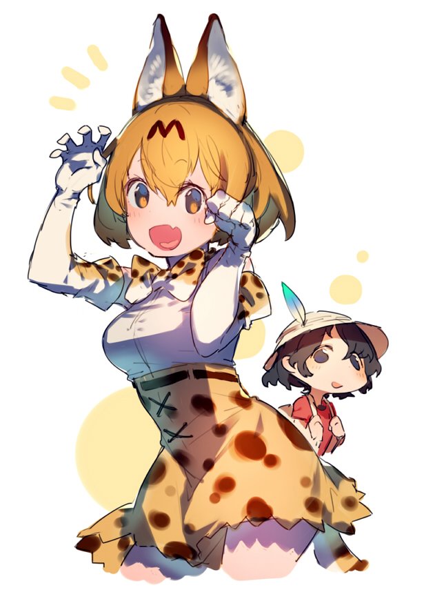 2girls :d animal_ears animal_print backpack bag bare_shoulders belt black_hair blue_eyes blush bow bowtie brown_belt bukurote chibi chibi_inset claw_pose clenched_hand contrapposto cowboy_shot cropped_legs cross-laced_clothes dot_nose elbow_gloves eyebrows_visible_through_hair fang gloves hair_between_eyes hands_up hat hat_feather heart heart_in_mouth helmet high-waist_skirt jpeg_artifacts kaban_(kemono_friends) kemono_friends looking_at_viewer multicolored multicolored_background multiple_girls no_gloves open_mouth orange_background orange_eyes orange_hair pith_helmet print_bow print_gloves print_neckwear print_skirt red_shirt serval_(kemono_friends) serval_ears serval_print serval_tail shirt short_hair short_sleeves skirt sleeveless sleeveless_shirt smile solo_focus standing striped_tail tail tareme tongue two-tone_background upper_body wavy_hair white_background white_shirt