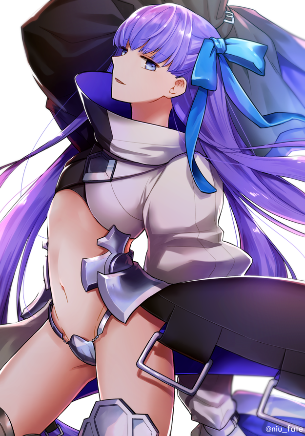 arm_up armor armored_boots blue_eyes blue_ribbon blush boots crotch_plate fate/extra fate/extra_ccc fate/grand_order fate_(series) from_side hair_ribbon long_hair looking_at_viewer md5_mismatch meltlilith navel niu_illuminator open_mouth parted_lips profile revealing_clothes ribbon simple_background solo twitter_username very_long_hair white_background