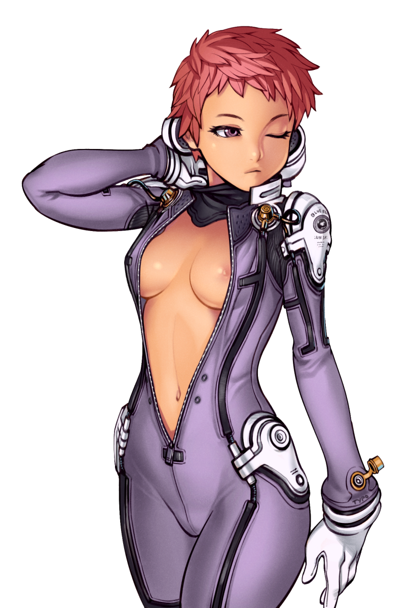 ;( artist_name bangs blue_submarine_no_6 bodysuit breasts breasts_apart cable center_opening closed_mouth clothes_writing cowboy_shot diving_suit emblem expressionless eyelashes frown gloves hand_behind_head hand_up highres hips hood hood_down kino_mayumi legs_together looking_away looking_to_the_side md5_mismatch medium_breasts messy_hair navel nipple_slip nipples one_eye_closed open_clothes pink_hair purple_bodysuit purple_eyes short_hair simple_background solo standing thighs typo_(requiemdusk) unzipped very_short_hair white_background white_gloves zipper zipper_pull_tab