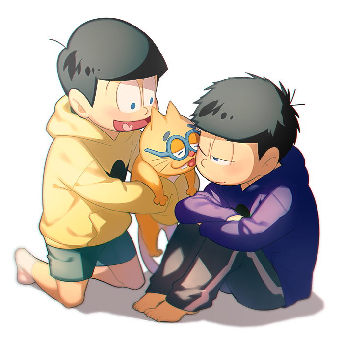 black_hair brothers cat esper_nyanko glasses hood hoodie kneeling licking male_focus matsuno_ichimatsu matsuno_juushimatsu messy_hair mocchiri_oyaji multiple_boys osomatsu-kun osomatsu-san shorts siblings simple_background sitting smile white_background