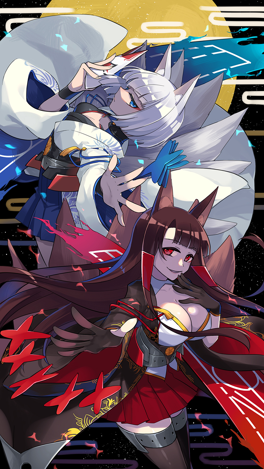 2girls akagi_(azur_lane) animal_ears azur_lane bangs black_kimono blue_eyes blunt_bangs breasts brown_hair cleavage eyeliner eyeshadow fox_ears fox_girl fox_mask fox_tail gloves hakama_skirt highres holding holding_mask japanese_clothes kaga_(azur_lane) kimono kitsune long_hair makeup mask mask_on_head mujun_atama multiple_girls multiple_tails partly_fingerless_gloves red_eyes red_skirt short_hair skirt tail white_hair white_kimono wide_sleeves