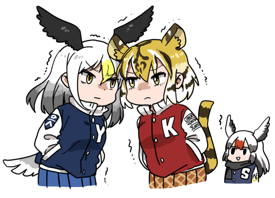 :d :s :| alternate_costume alternate_eye_color angry animal_ears animal_print anyan_(jooho) bald_eagle_(kemono_friends) bird_tail bird_wings black_eyes black_scarf blonde_hair blue_jacket blue_skirt brown_hair brown_skirt buttons chibi chibi_inset closed_mouth confrontation cowboy_shot cropped_legs cropped_torso dot_nose empty_eyes extra_ears eye_contact eyebrows_visible_through_hair eyelashes gradient_hair grey_hair hair_between_eyes hands_in_pockets head_wings jacket kemono_friends latin letterman_jacket long_hair long_sleeves looking_at_another motion_lines multicolored multicolored_clothes multicolored_hair multicolored_jacket multiple_girls no_nose open_mouth plaid plaid_skirt pleated_skirt pocket popped_collar red-crowned_crane red-crowned_crane_(kemono_friends) red_hair red_jacket scarf school_uniform shaded_face simple_background skirt smile streaked_hair striped_tail tail tareme tiger_(kemono_friends) tiger_ears tiger_print tiger_tail trembling tsurime upper_body v-shaped_eyebrows white_background white_hair white_jacket wings yellow_eyes