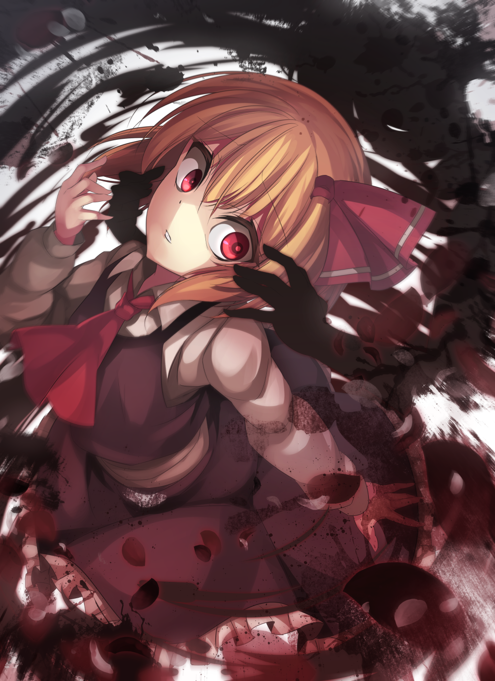 ascot black_skirt black_vest blonde_hair collared_shirt commentary_request darkness frilled_skirt frills hair_ribbon hands highres janne_cherry long_sleeves looking_at_viewer necktie parted_lips red_eyes red_neckwear red_ribbon ribbon rumia shaded_face shirt short_hair skirt skirt_set solo touhou vest white_shirt wide-eyed