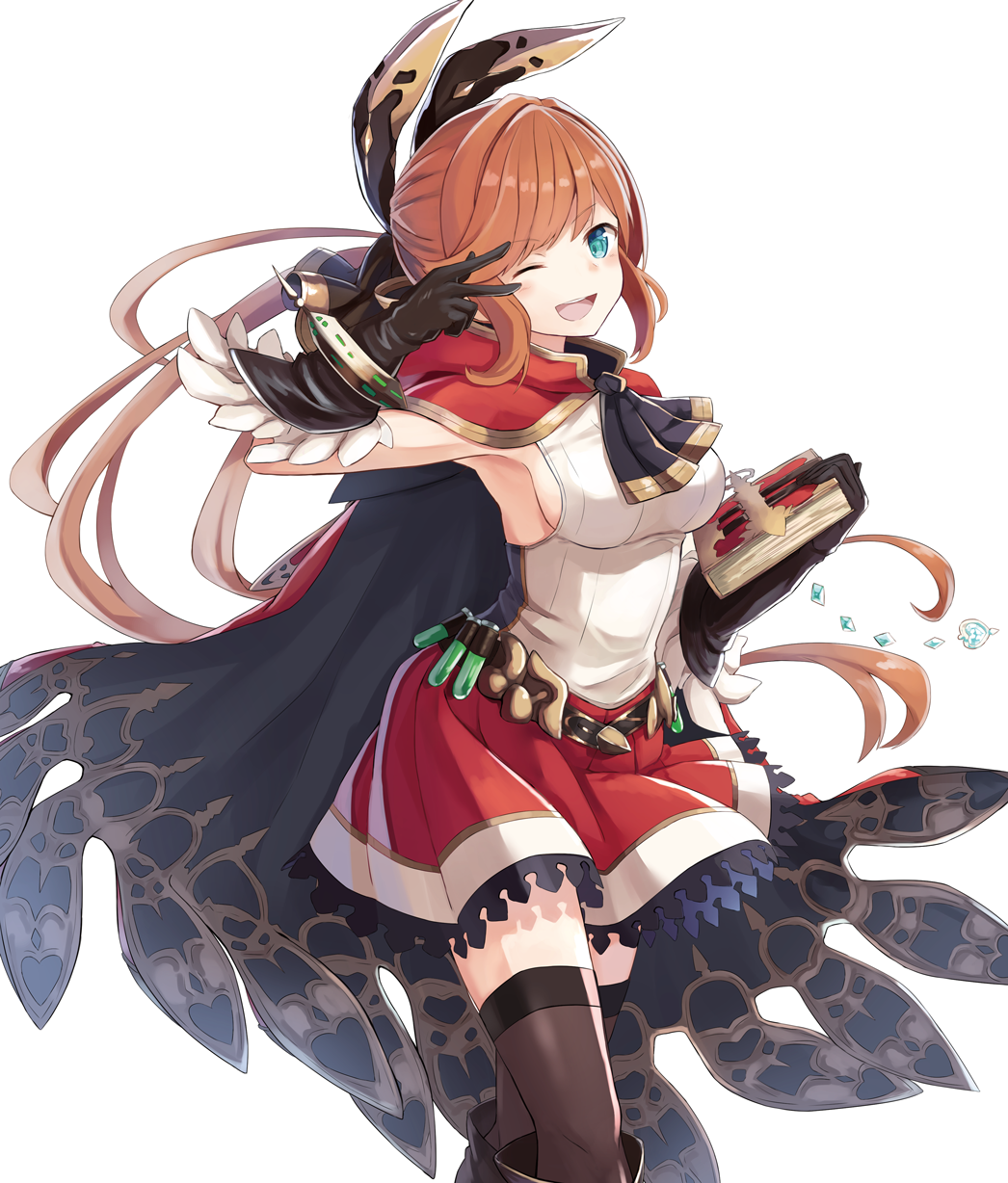 ;d aqua_eyes armpits ascot belt black_gloves black_legwear blush book bracelet breasts brown_hair cape clarisse_(granblue_fantasy) gloves granblue_fantasy green_eyes hair_ribbon highres jewelry long_hair medium_breasts one_eye_closed open_mouth orange_hair ponytail ribbon shikuro_(iorimiyakiyo) sideboob skirt sleeveless smile solo test_tube thighhighs very_long_hair