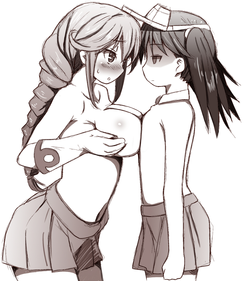 asymmetrical_docking blush braid breast_envy breast_press breasts clenched_hand closed_mouth commentary_request cowboy_shot empty_eyes eye_contact eyebrows_visible_through_hair flat_chest from_side gloves jitome kantai_collection large_breasts long_hair looking_at_another monochrome multiple_girls navel naz noshiro_(kantai_collection) pleated_skirt ponytail profile ryuujou_(kantai_collection) shaded_face skirt standing topless twintails visor_cap white_gloves yuri