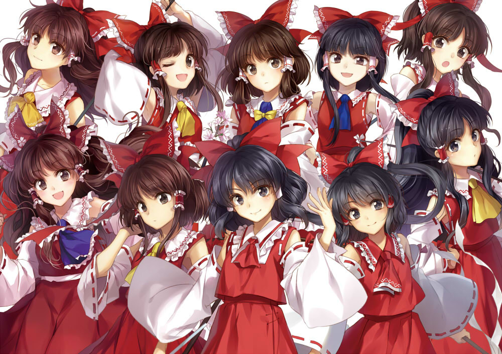 annotated armpits ascot bad_id bad_pawoo_id black_eyes black_hair blue_neckwear blush bow brown_eyes brown_hair commentary_request detached_sleeves gohei hagiwara_rin hair_bow hair_tubes hakurei_reimu looking_at_viewer multiple_girls multiple_persona one_eye_closed open_mouth red_bow red_neckwear ribbon-trimmed_sleeves ribbon_trim simple_background skirt skirt_set smile touhou white_background wide_sleeves yellow_neckwear