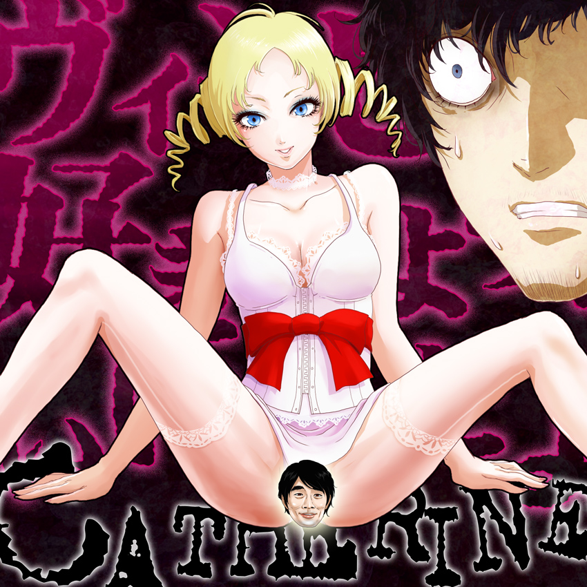 1girl blonde_hair blue_eyes catherine catherine_(game) censored character_censor choker drill_hair eyeshadow legs long_legs makeup novelty_censor real_life real_life_insert red_ribbon ribbon scared short_twintails smaru soejima_shigenori_(person) spread_legs surprised thighhighs twintails vincent_brooks