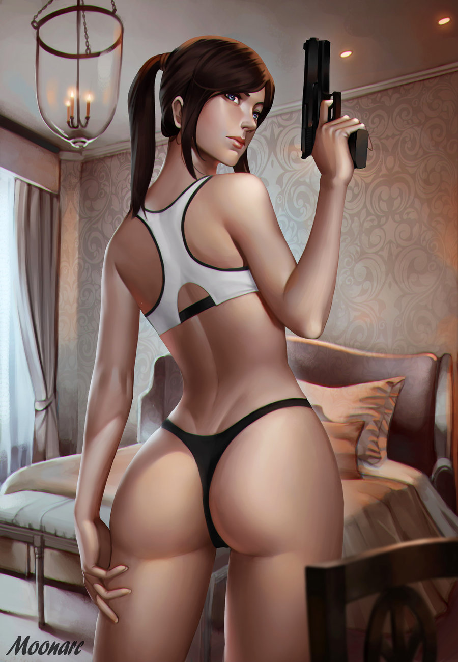 arm_at_side artist_name ass audia_pahlevi bangs bare_arms bare_shoulders bed bed_sheet black_panties blanket brown_hair chair chandelier claire_redfield closed_mouth cowboy_shot curtains day finger_on_trigger fingernails from_behind gun hand_on_thigh hand_up handgun highres holding holding_gun holding_weapon indoors legs_apart lips long_hair looking_back nose panties parted_bangs pillow pink_lips piston ponytail resident_evil resident_evil_2 solo sports_bra thong underwear weapon window