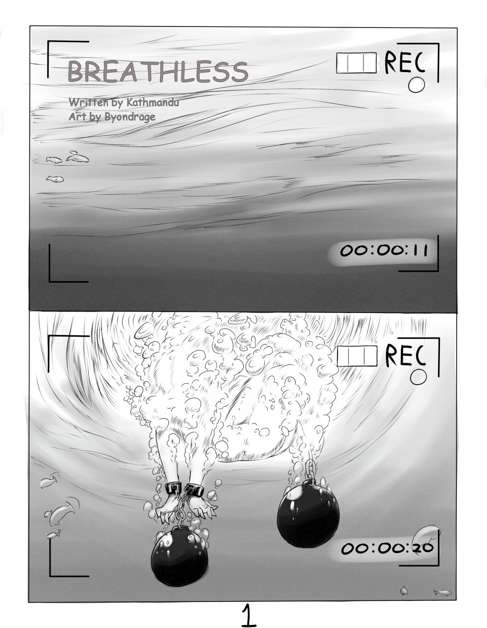2014 anthro bubble byondrage camera comic english_text female hair mammal monochrome simple_background solo text underwater water