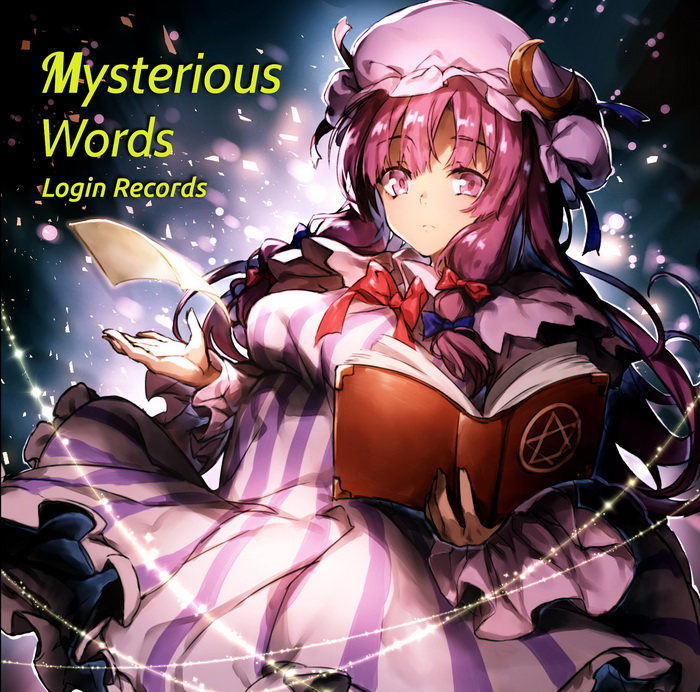 album_cover book bow breasts capelet closed_mouth commentary cover cowboy_shot crescent crescent_moon_pin dress english expressionless grimoire hair_ribbon hat hexagram light_particles long_hair looking_at_viewer medium_breasts mob_cap open_book pajamas paper patchouli_knowledge purple_eyes purple_hair redcomet ribbon solo striped striped_dress touhou tress_ribbon