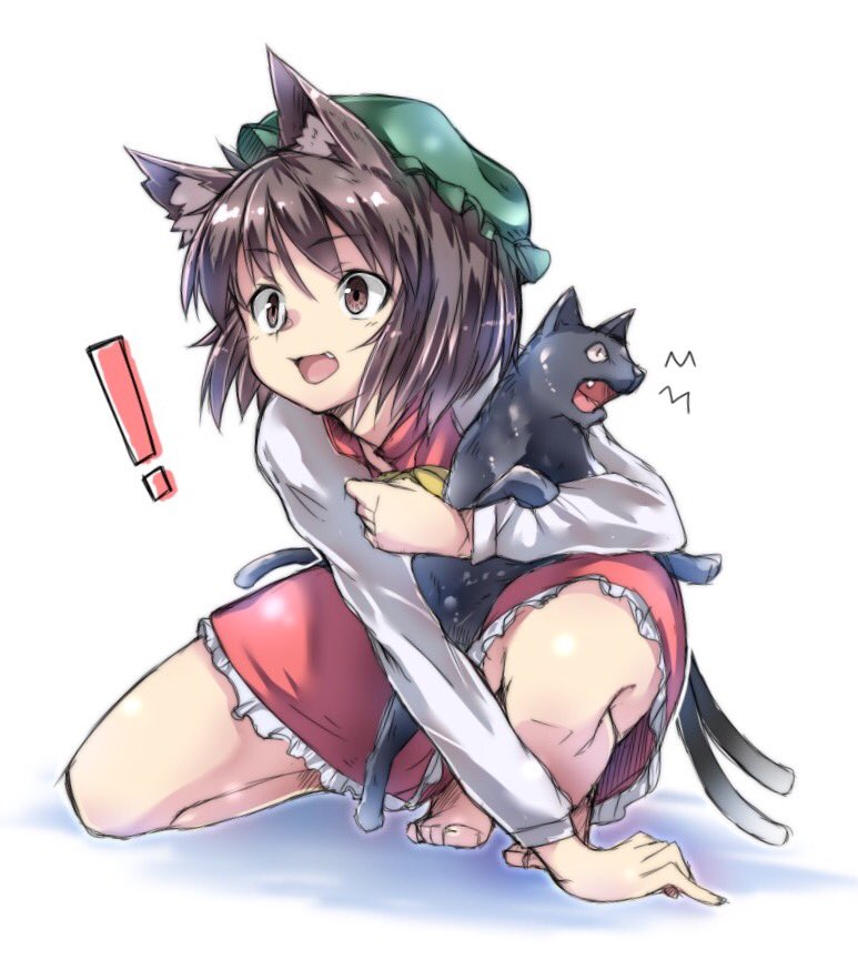 1girl animal_ears bangs barefoot black_cat brown_eyes brown_hair cat cat_ears cat_tail chen eyebrows_visible_through_hair fang full_body green_hat hat long_sleeves looking_afar open_mouth ototobe red_skirt short_hair simple_background sketch skirt smile solo squatting tail touhou vest white_background