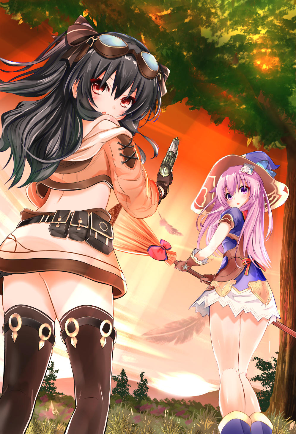 bare_shoulders black_hair blush broom ex_idol four_goddesses_online:_cyber_dimension_neptune from_below gloves goggles goggles_on_head gun hair_ornament hair_ribbon hat highres long_hair looking_at_viewer looking_back multiple_girls nepgear neptune_(series) outdoors purple_eyes purple_hair red_eyes ribbon smile thighhighs twilight two_side_up uni_(choujigen_game_neptune) weapon witch_hat