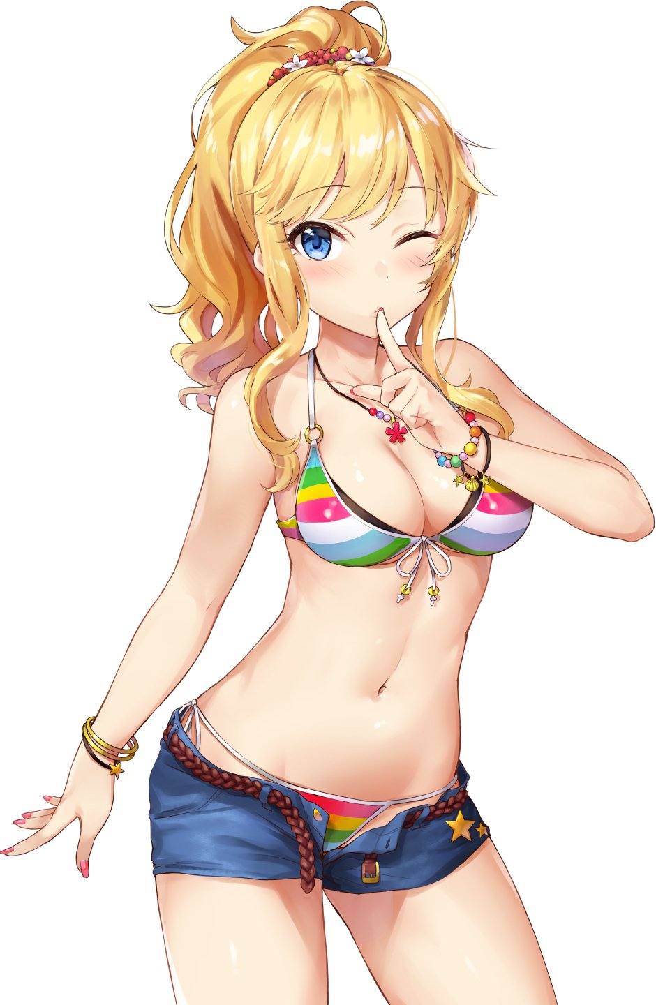 belt bikini blonde_hair blue_eyes blush bracelet breasts bvucki36gzoeq1c cleavage contrapposto cowboy_shot denim denim_shorts finger_to_mouth fingernails front-tie_bikini front-tie_top highres idolmaster idolmaster_cinderella_girls jewelry long_fingernails medium_breasts multicolored multicolored_bikini multicolored_clothes nail_polish navel necklace o-ring o-ring_bikini o-ring_top one_eye_closed ootsuki_yui open_fly ponytail shiny shiny_skin short_shorts shorts shushing side-tie_bikini sidelocks simple_background solo standing string_bikini striped striped_bikini swimsuit white_background wristband