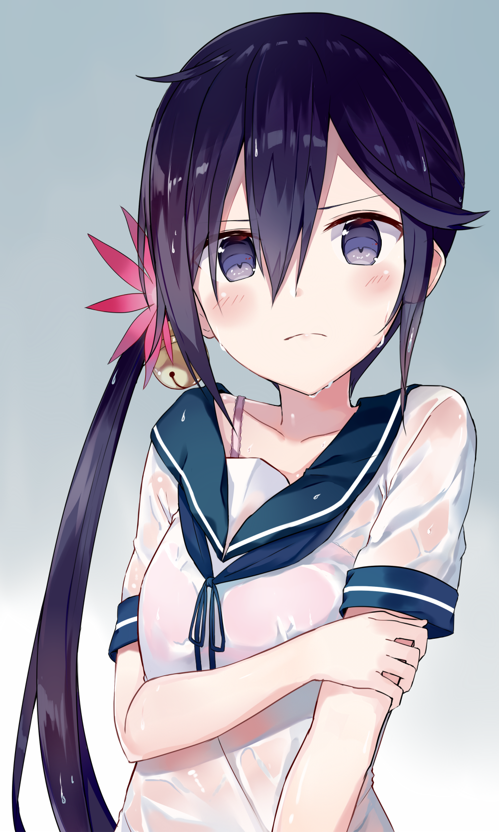 &gt;:( akebono_(kantai_collection) asymmetrical_hair bell blush bra bra_strap closed_mouth collarbone commentary flower frown gradient gradient_background grey_background hair_bell hair_between_eyes hair_flower hair_ornament hand_on_own_arm highres jingle_bell kantai_collection long_hair looking_at_viewer pink_bra purple_eyes purple_hair revision sailor_collar school_uniform see-through serafuku shikuro_(iorimiyakiyo) short_sleeves side_ponytail solo underwear upper_body v-shaped_eyebrows very_long_hair wet wet_clothes