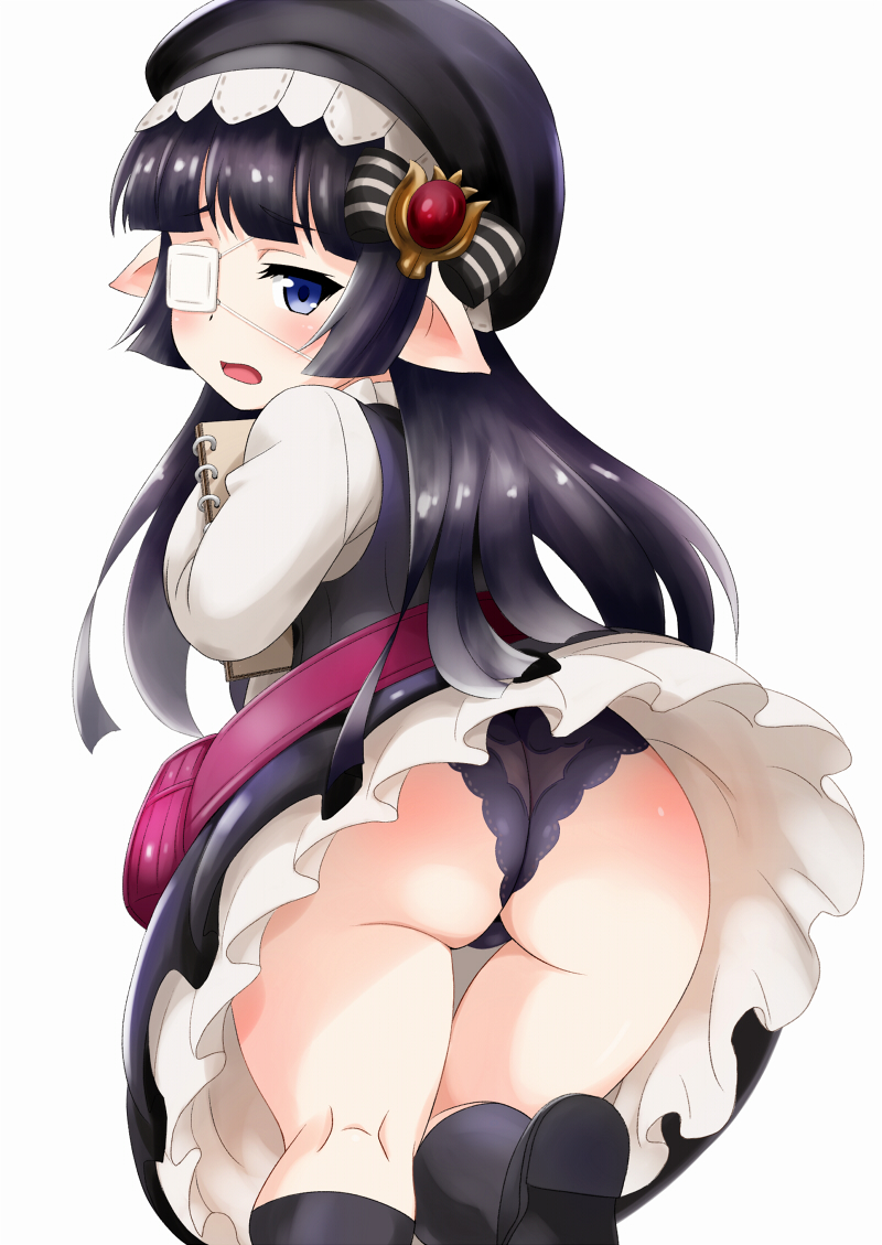 1girl black_hair blush dress dress_lift eyepatch female frills from_behind granblue_fantasy hat holding kneepits long_hair long_sleeves looking_at_viewer looking_back lunaru_(granblue_fantasy) open_mouth panties pointy_ears shiny shiny_hair simple_background solo thigh_gap underwear wind_lift yanagi_kawa