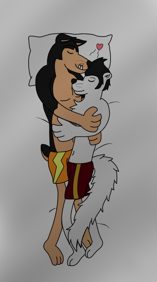 anthro buddy_thunderstruck buddy_thunderstruck_(character) canine clothed clothing darnell_(character) dog ferret hi_res lightblueflare_(artist) male male/male mammal mustelid simple_background topless