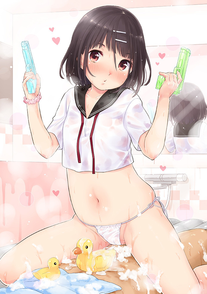 1girl air_mattress bathroom black_hair blouse blush breasts brown_eyes cameltoe collarbone hair_ornament hairclip hands_up heart indoors inflatable_raft mirror navel original out_of_frame panties petite pink_scrunchie pursed_lips rubber_duck school_uniform scrunchie see-through serafuku short_hair short_sleeves side-tie_panties small_breasts soap soap_bubbles soapland solo_focus straddling thighs underwear water_gun white_blouse white_panties wrist_scrunchie yukiu_kon