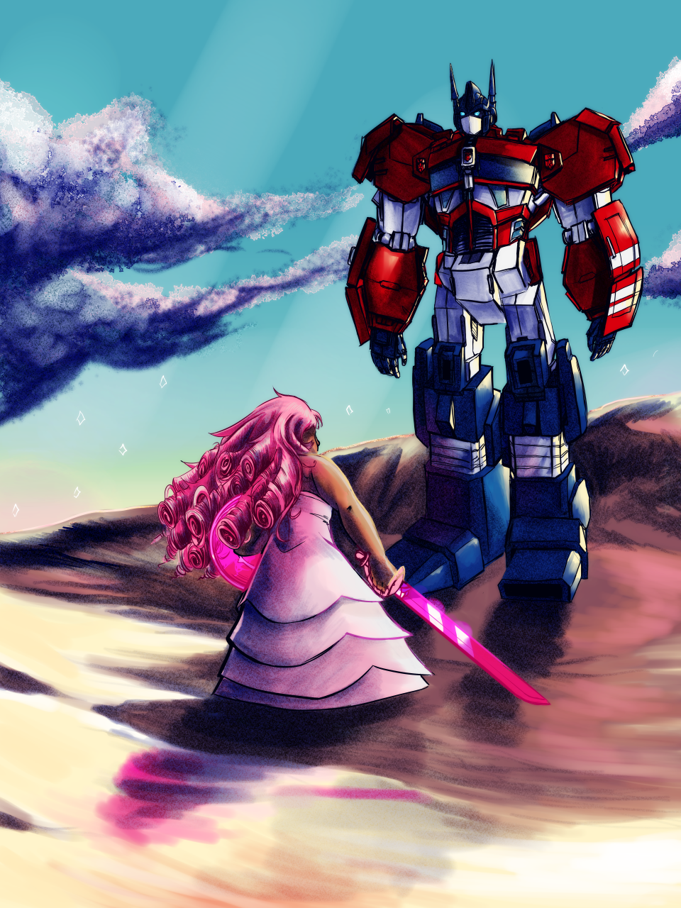 aethergeologist alien autobot blue_eyes cartoon_network clothed clothing crossover cybertronian digital_media_(artwork) duo female gem gem_(species) hair hi_res holding_object humanoid living_machine machine melee_weapon not_furry optimus_prime pink_hair robot rose_quartz_(steven_universe) shield standing steven_universe sword transformers weapon