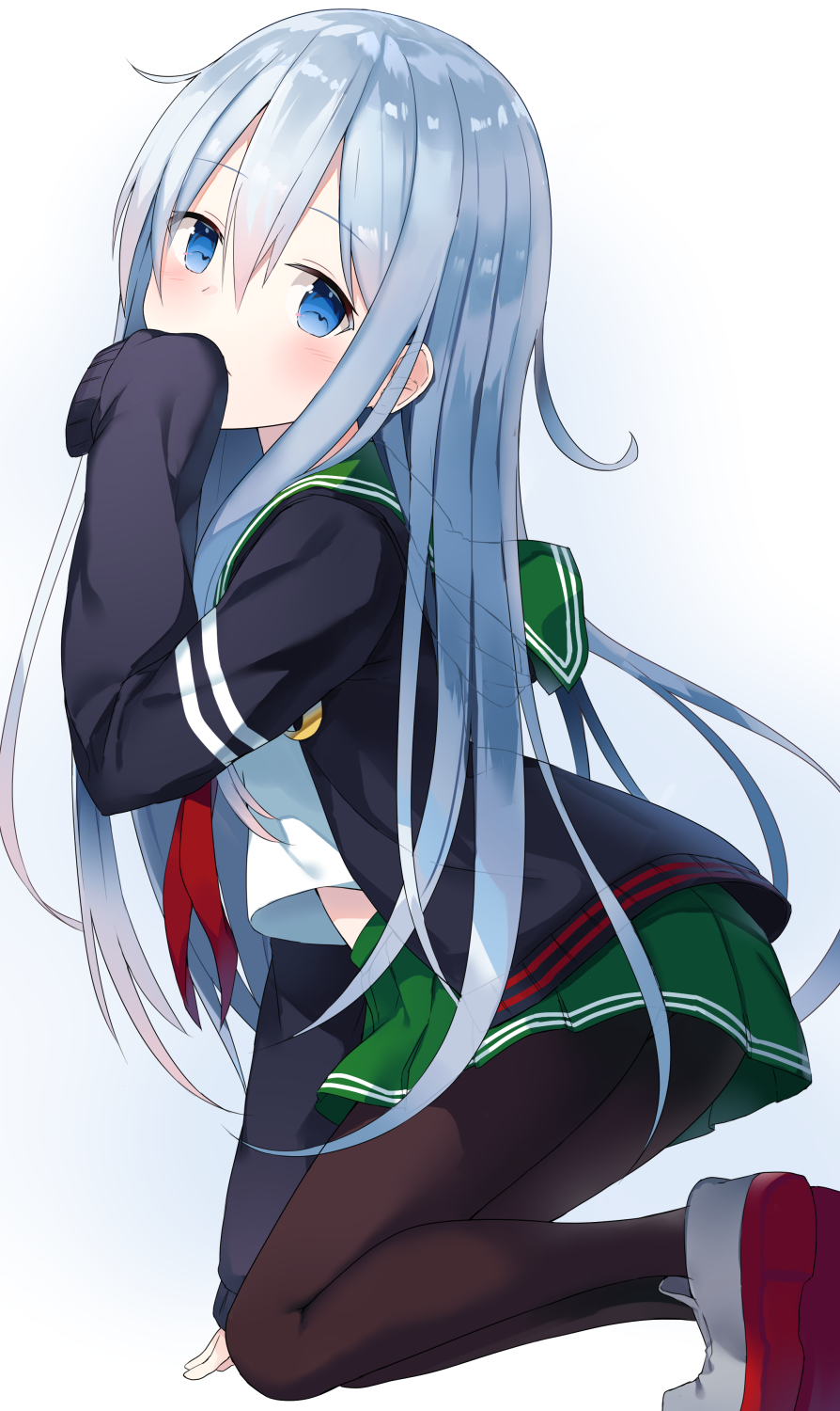 black_jacket black_legwear blue_eyes cardigan cosplay crescent crescent_moon_pin green_skirt hair_between_eyes hibiki_(kantai_collection) highres jacket kantai_collection long_hair mutsuki_(kantai_collection) mutsuki_(kantai_collection)_(cosplay) neckerchief pantyhose pleated_skirt red_neckwear remodel_(kantai_collection) sailor_collar school_uniform serafuku shikuro_(iorimiyakiyo) shoes silver_hair skirt sleeves_past_wrists solo