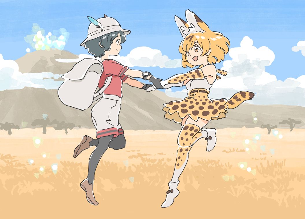 animal_ears backpack bag commentary_request day hat helmet holding_hands kaban_(kemono_friends) kemono_friends mitsumoto_jouji multiple_girls pith_helmet savannah serval_(kemono_friends) serval_ears serval_print serval_tail tail