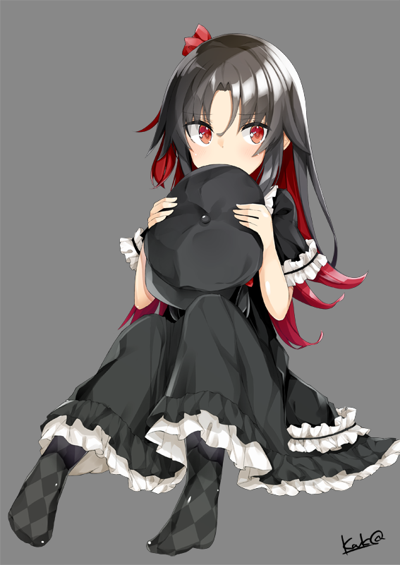 black_hair black_hat black_legwear bow hair_bow hat hat_removed headwear_removed kavka long_hair looking_at_viewer multicolored_hair pantyhose red_bow red_eyes red_hair ryuuou_no_oshigoto! solo two-tone_hair yashajin_ai